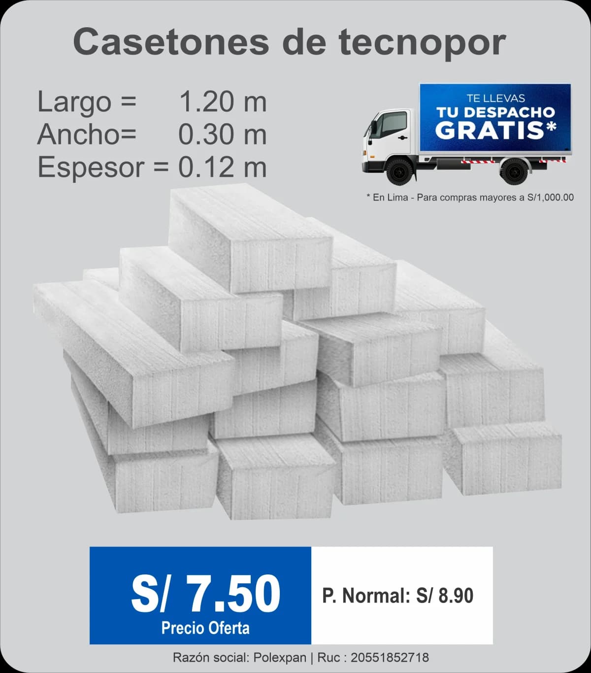 Casetones de tecnopor de 1.20 × 0.30 × 0.12 m. Precio oferta S/ 7.50 por transferencia, con despacho gratis en Lima por compras mayores a S/ 1,000.00.